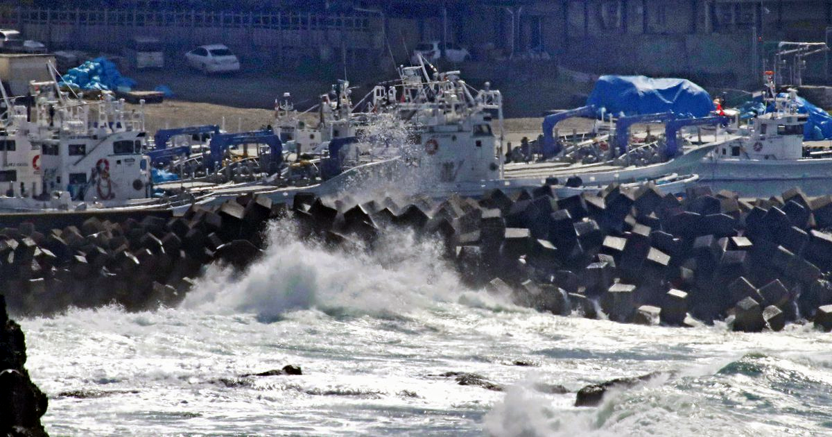 ウトロ港に停泊する観光船や漁船、高波などのため本日の捜索は見送られた＝２８日午後、北海道斜里町