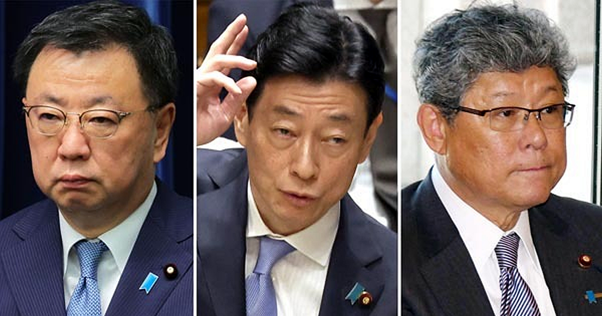 安倍派の3幹部、左から松野博一官房長官、西村康稔経産相、高木毅国対委員長