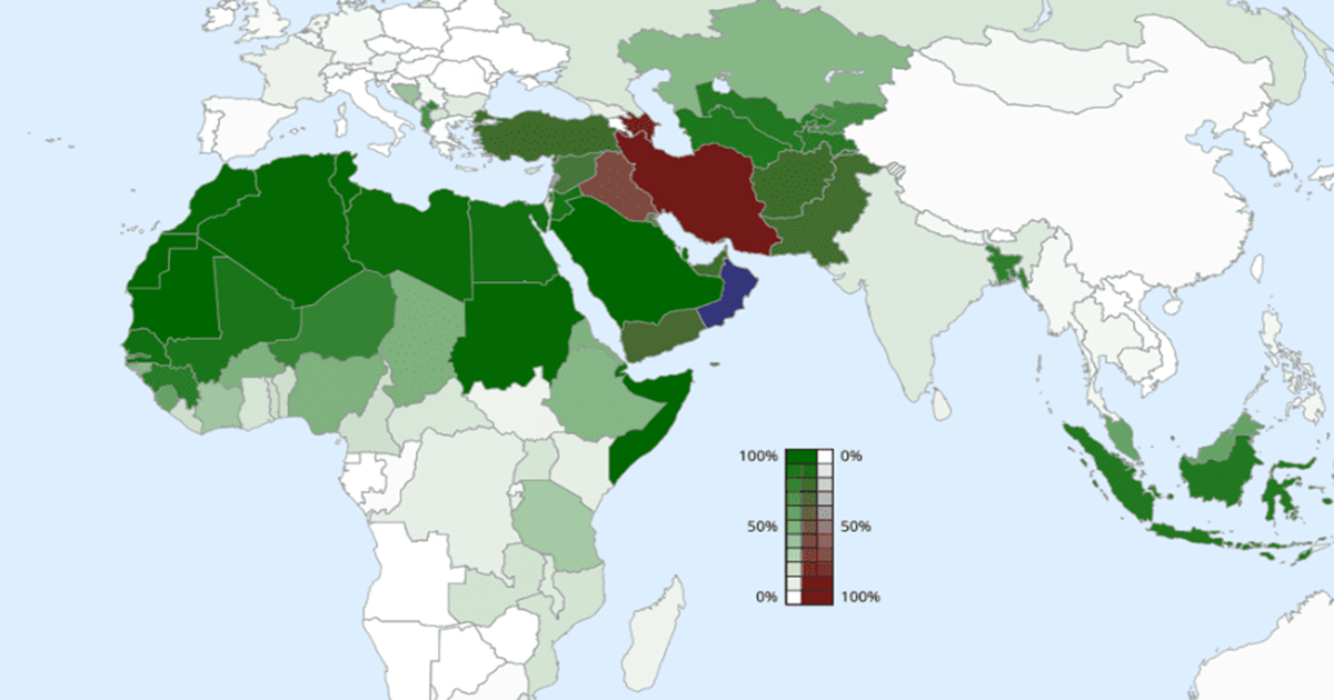 国ごとのイスラム教の分布（緑色系はスンナ派、赤褐色系はシーア派、青紫色はイバード派）